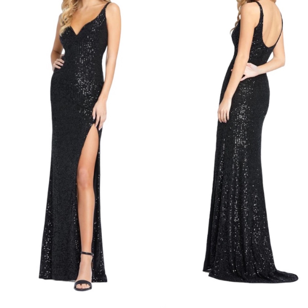 Mac Duggal Lenna Sequin V-Neck Slit Gown Maxi Sleeveless Black